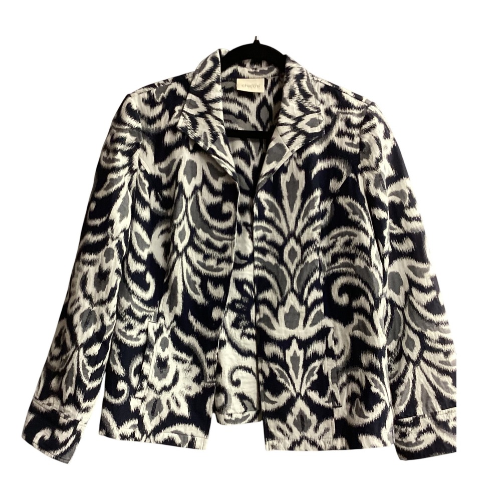 Chico's Abstract Print Blazer Jacket Career Office Chic Sz Large Navy White Gray